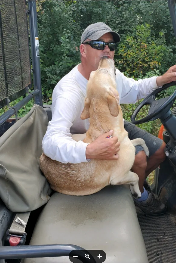 A handler sitting on a utility vehicle as a yellow Labrador rests its paws on his chest