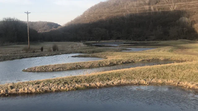 Shallow flooded ponds divided by narrow grassy levees, with a wooded hill and power lines behind